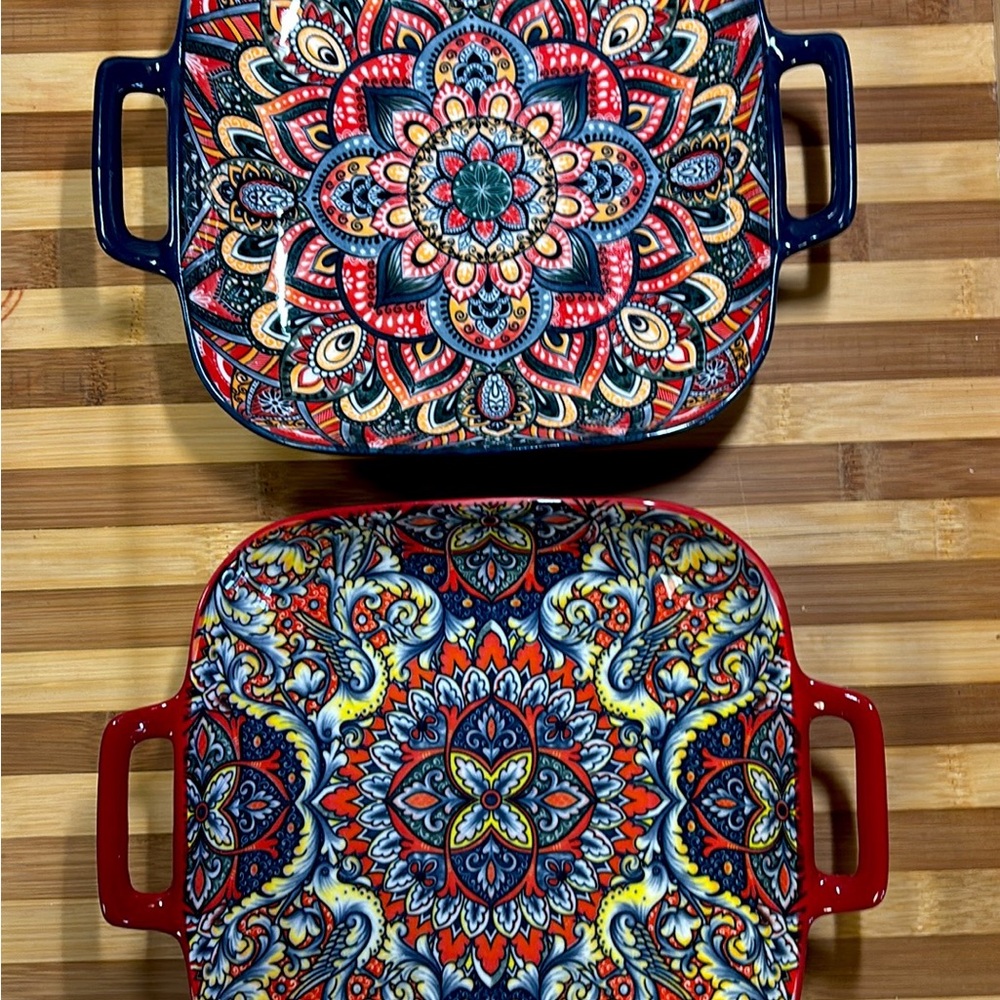 🏷️ Special Sale!🏷️Set of 2 New Bohemian Pasta Bowls w/ Handles Servers 7.5"